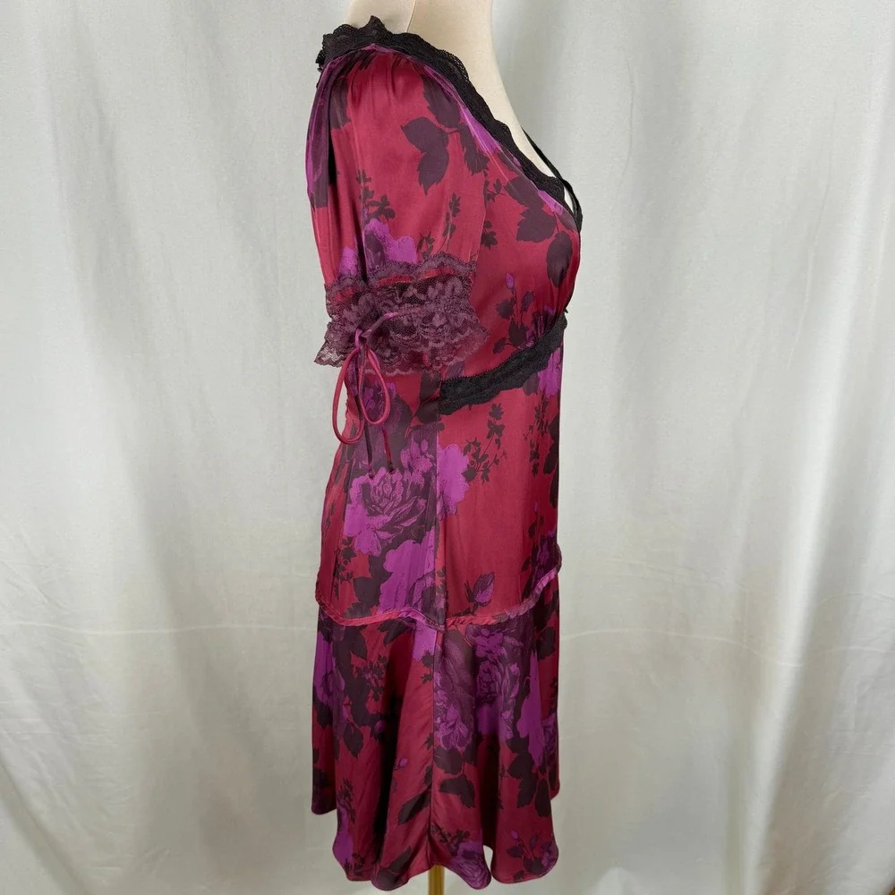 NWT Free People Jos Printed Satin Mini Dress Berry Combo Lace XS FLAWS